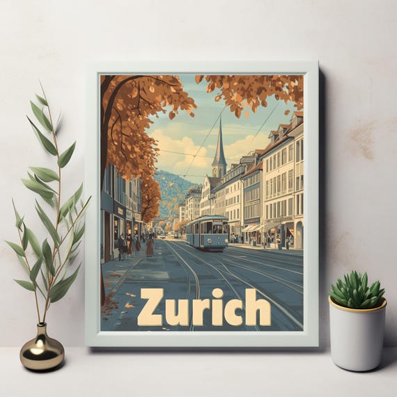 Vintage Zurich Street Scene Illustration With Tram And Charming Architecture Nostalgic Travel Art
