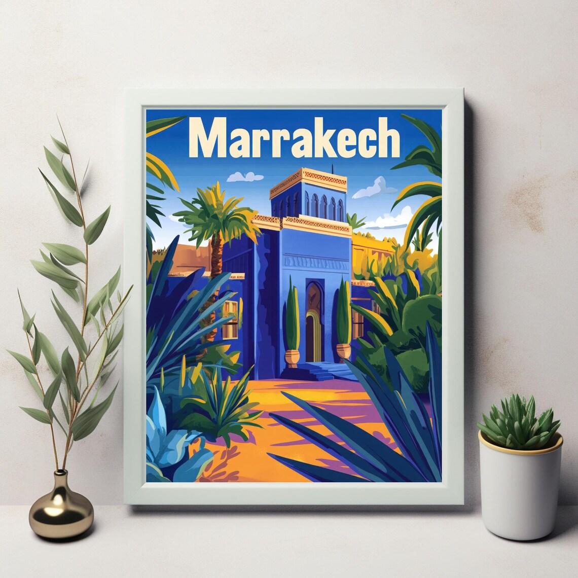 Marrakech Scene With Blue Building, Art Print