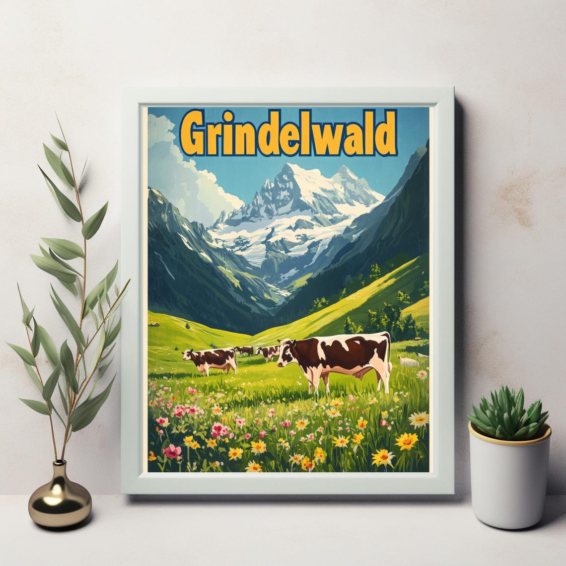 Discover The Beauty Of Grindelwald A Vintage Travel Poster Of The Swiss Village With Majestic Mountains And Grazing Cows