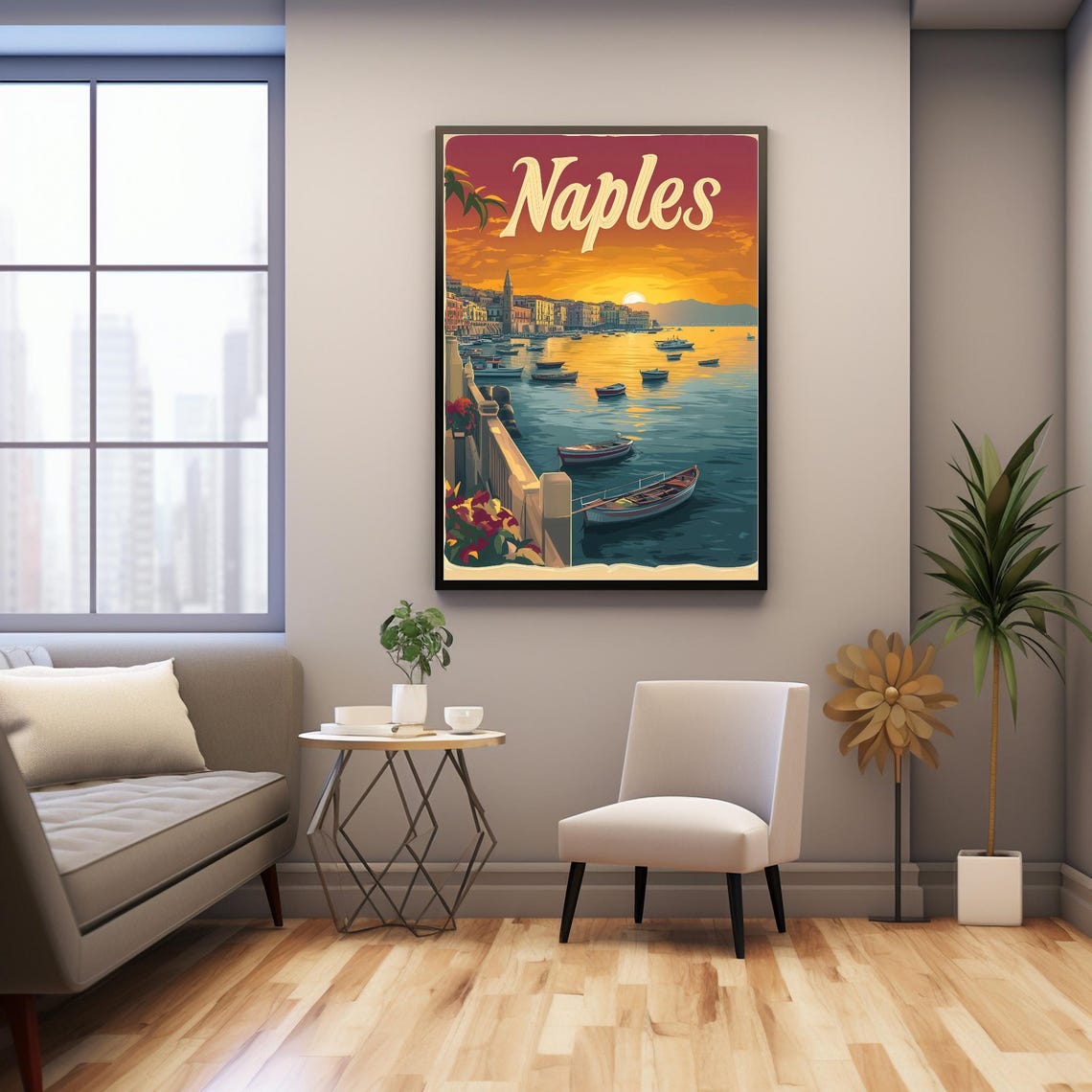 Vintage Style Naples Sunset Illustration Serene Coastal Scene With Boats And Mediterranean Architecture - Image 3