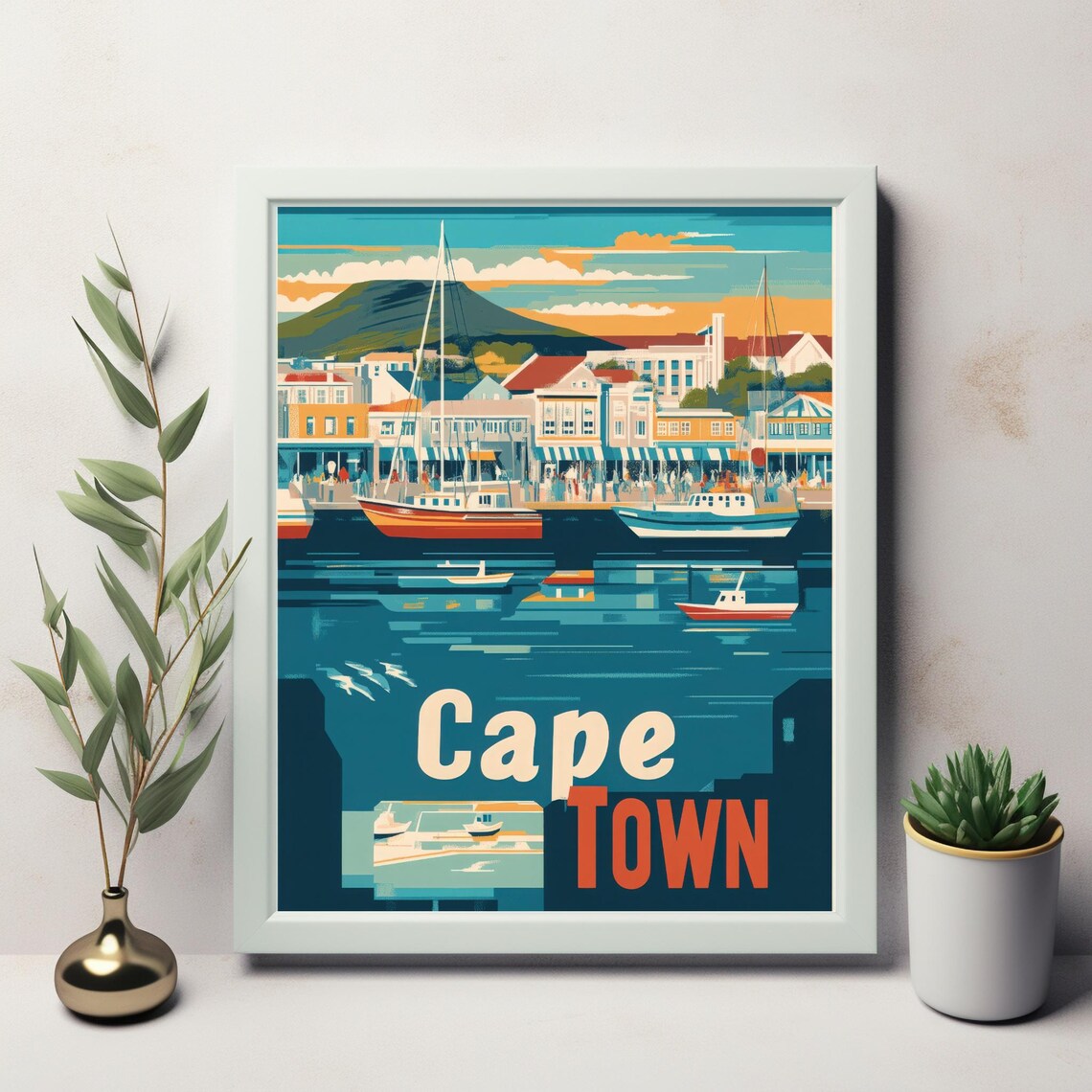 Cape Town Waterfront Scene, Retro Flat Design