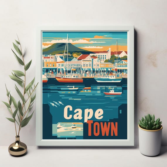 Cape Town Waterfront Scene, Retro Flat Design