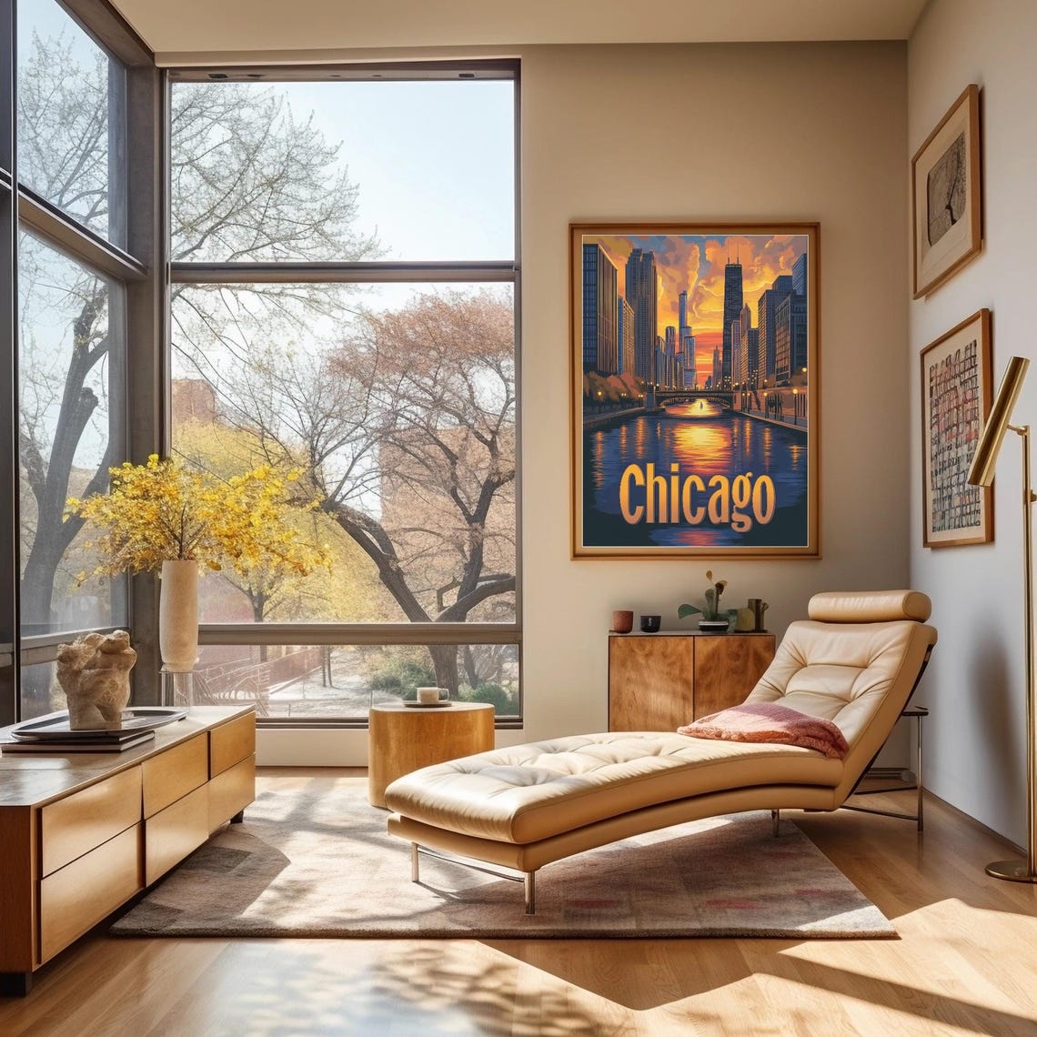 Vibrant Chicago Sunset Skyline Artistic Art Print With River Reflection And Bold Chicago Typography - Image 2