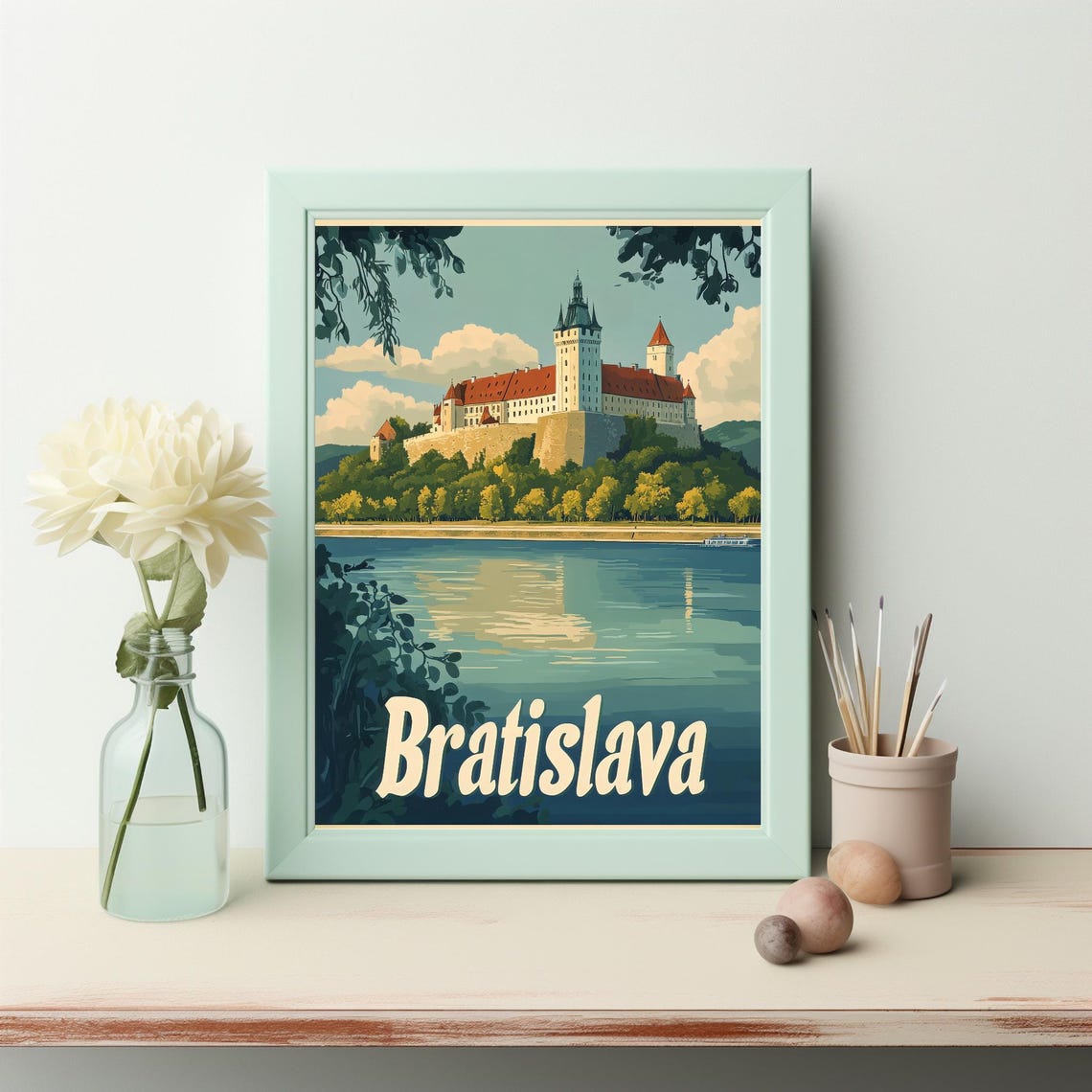 Bratislava Castle Illustration Vintage Style Wall Art Print Scenic River View Art For Instant - Image 3