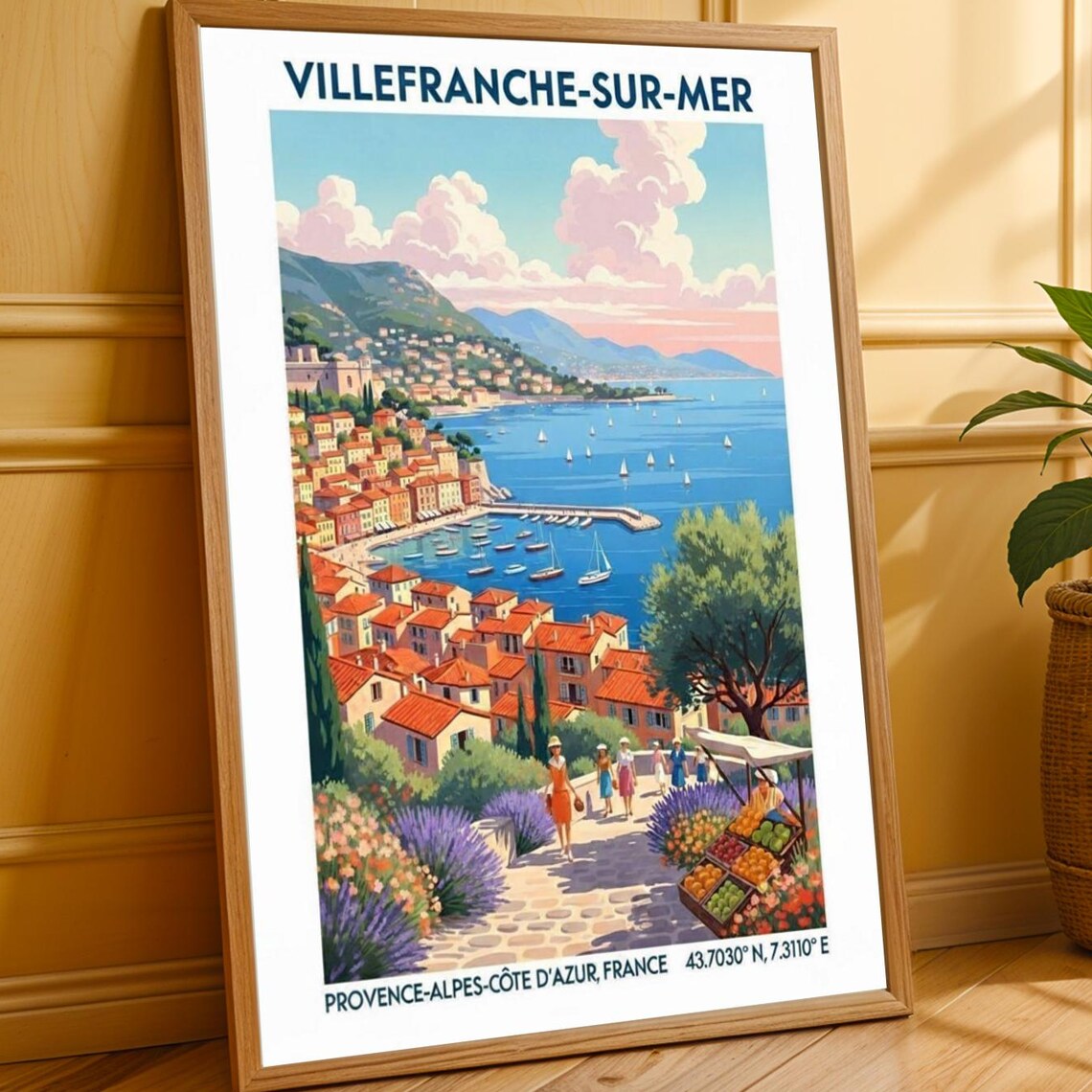 Villefranchesurmer Coast Poster French Riviera Art Print Blue And Orange Green Pink Travel Living Room Or Office