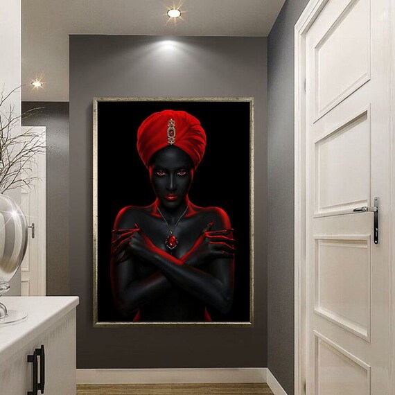 Woman in Red Turban Jeweled Dramatic Dark Portrait Wall Art Poster