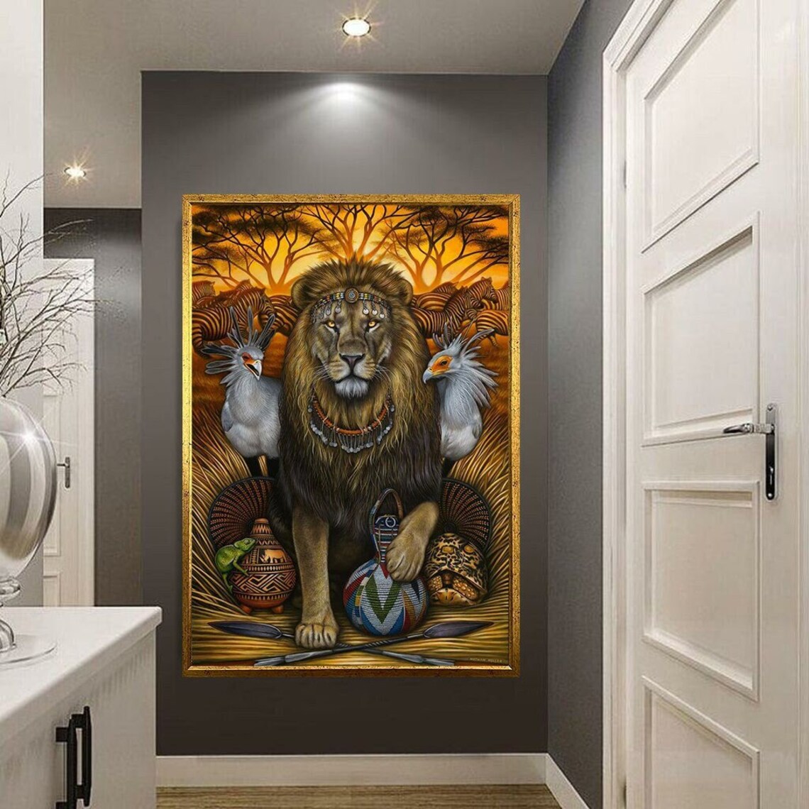 African Lion King Beaded Tribal Sunset Safari Wildlife Wall Poster