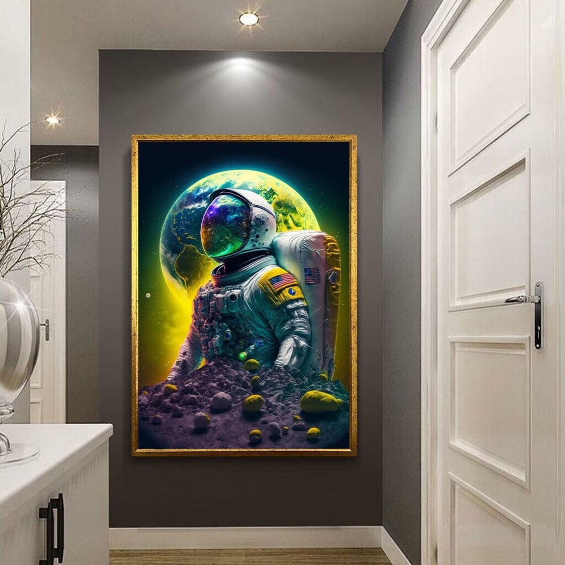 Astronaut Moon Surface Earthrise Galaxy Helmet Cosmic Space Art Wall Poster