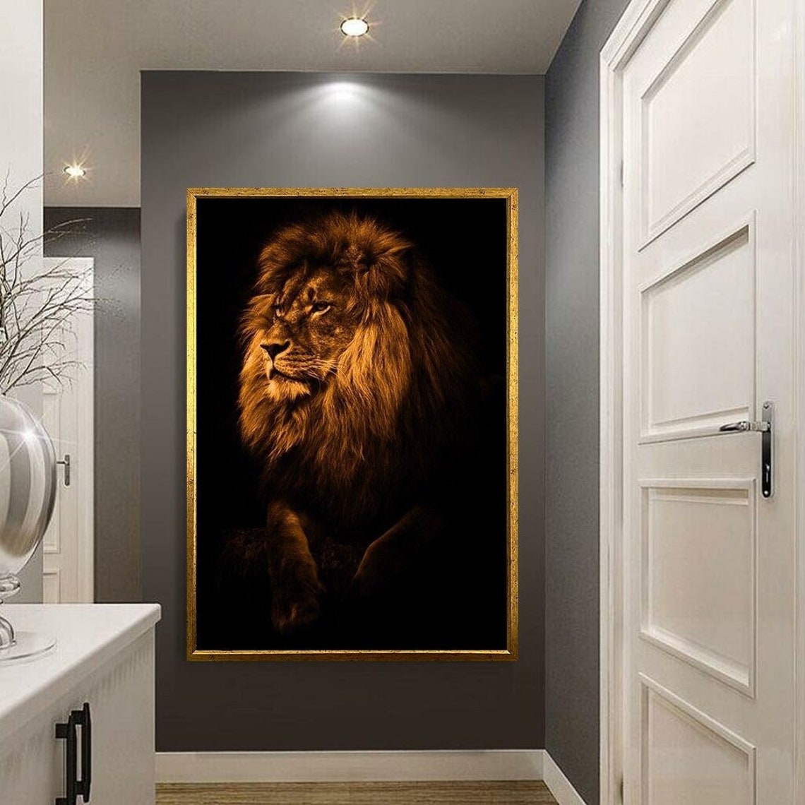 Lion Portrait Dramatic Black Background Majestic Wild Animal Poster