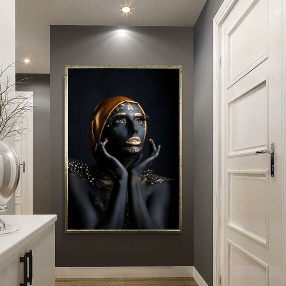 Woman Black Body Paint Gold Makeup Dramatic Beauty Portrait Poster