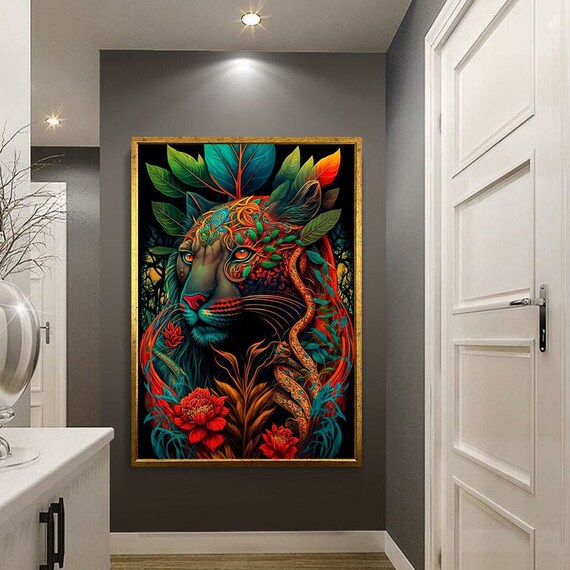 Colorful Panther Head Tropical Leaves Red Flowers Jungle Style Art Poster