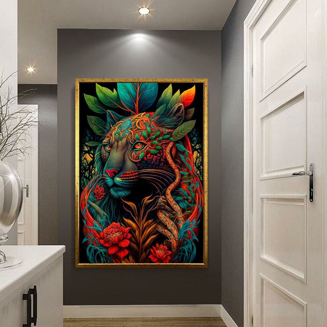 Colorful Panther Head Tropical Leaves Red Flowers Jungle Style Art Poster