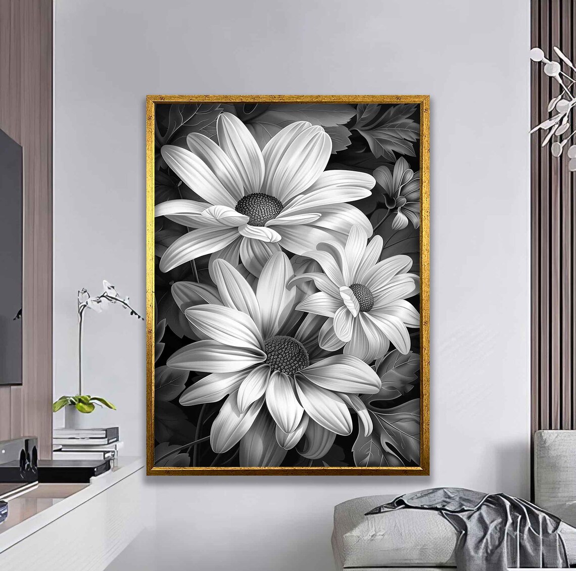 Black White Daisy Floral Artwork, Monochrome Botanical