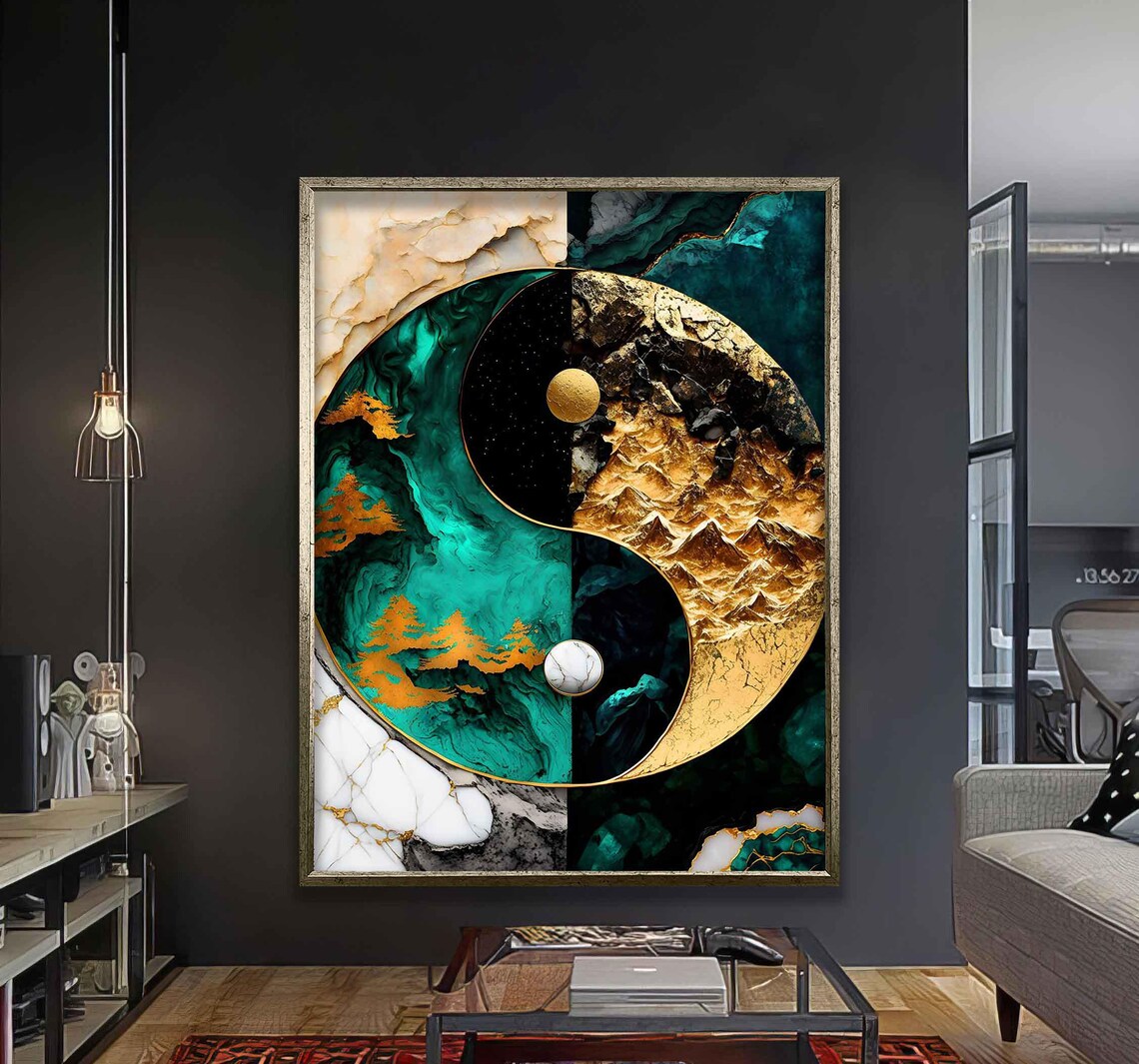 Emerald And Gold Marble Yin Yang Symbol Modern Abstract Art Poster