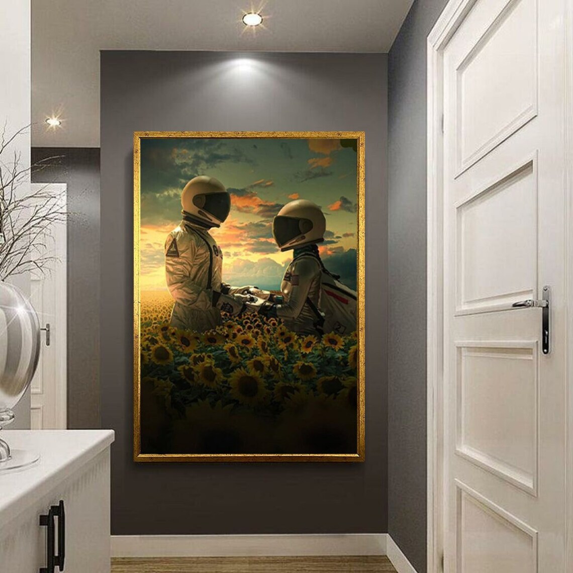 Astronaut Couple Sunflower Field Sunset Love Romantic Space Art Poster