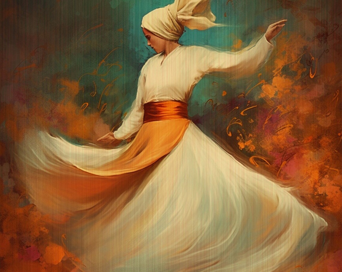 Whirling Dervish Sufi Woman Dance Teal Amber Oil Painting Poster