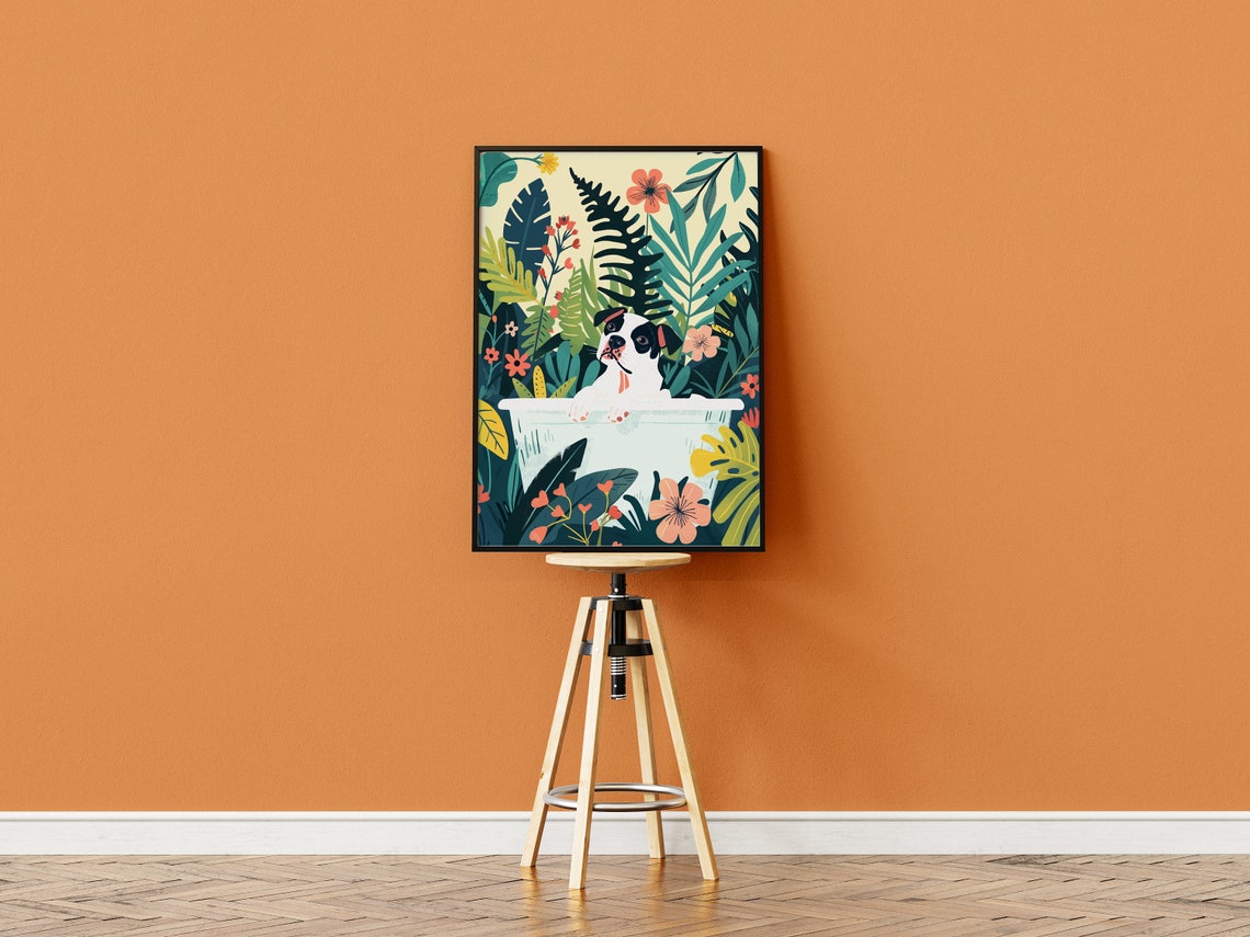 White Staffy Puppy in Bathtub Bold Tropical Leaf Floral Poster - Image 3