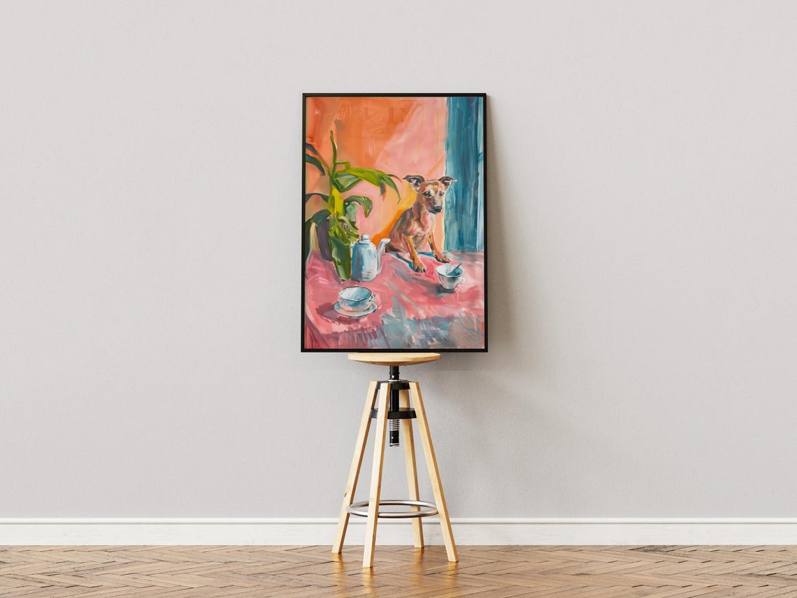 Brown Dog with Teapot Painterly Pink and Blue Kitchen Art Poster - Image 3