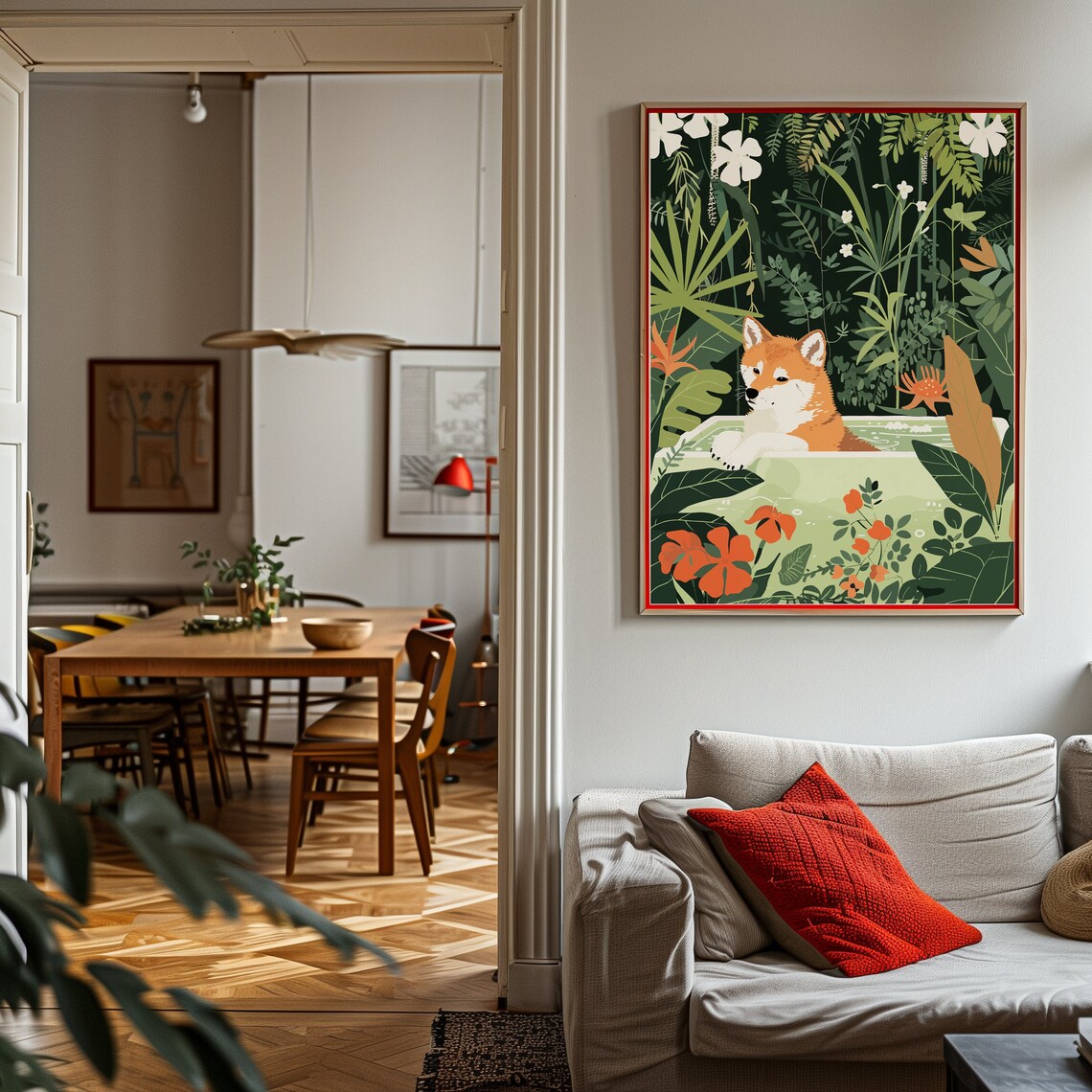 Red Japanese Dog Relaxing in Bathtub Dark Jungle Floral Poster - Image 2
