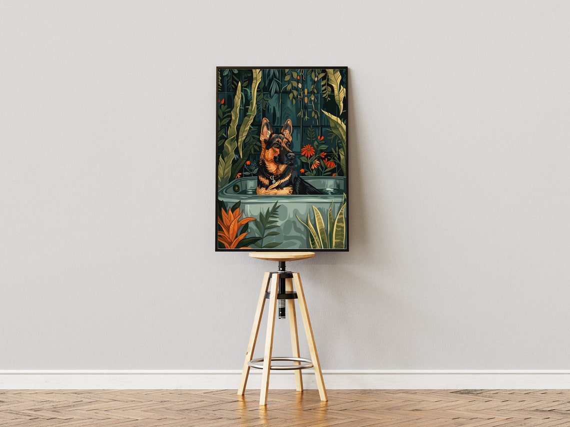 German Shepherd in Bathtub Dark Jungle Botanical Dog Wall Poster - Image 3