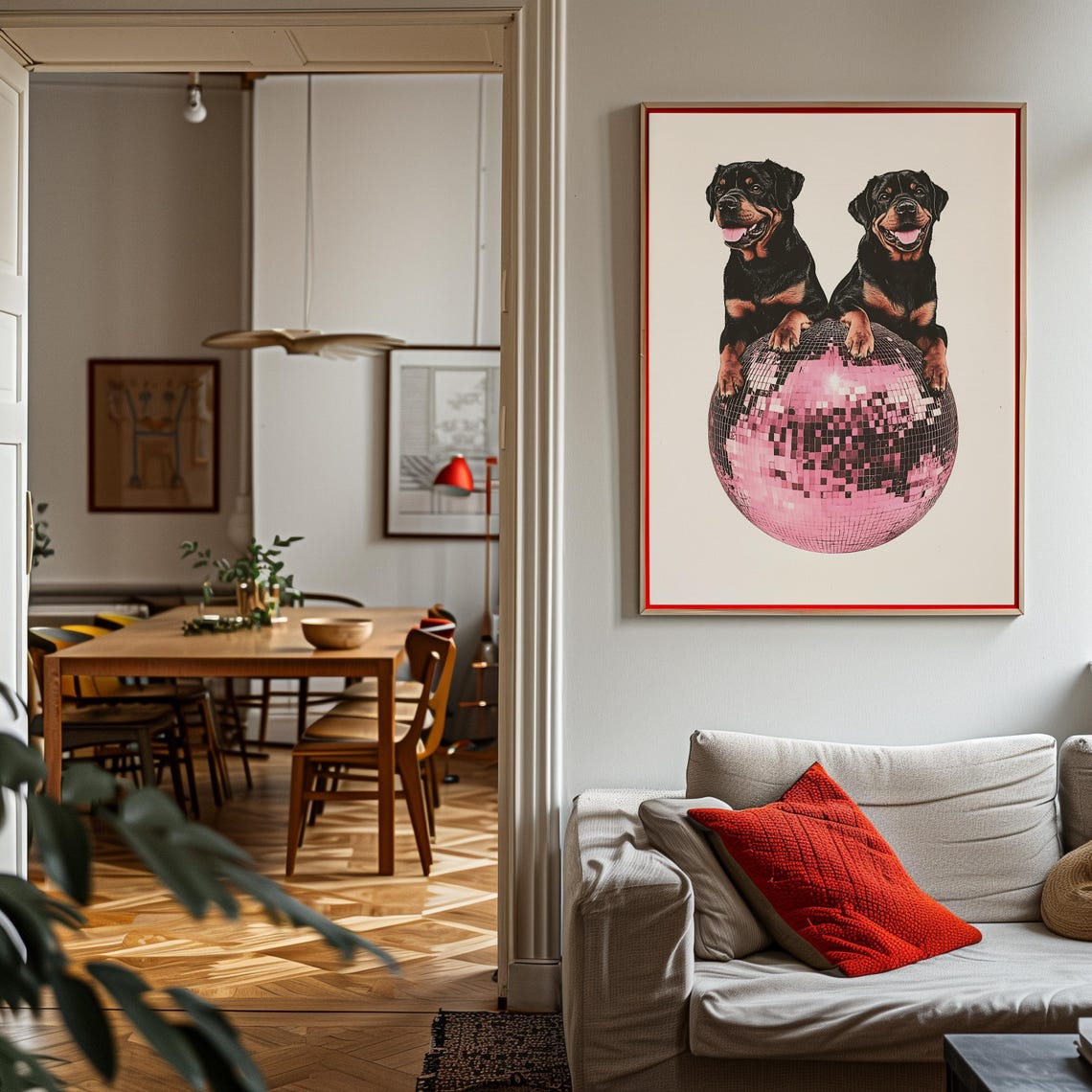 Rottweiler Pair Smiling on a Pink Disco Ball Fun Retro Art Poster - Image 3