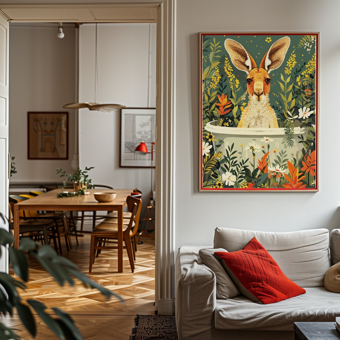 Kangaroo Peeking from Bathtub Warm Botanical Garden Wall Poster - Image 2