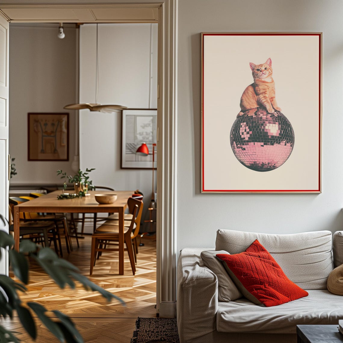 Ginger Cat Sitting On Disco Ball Cream Collage Poster Orange Cat - Image 3