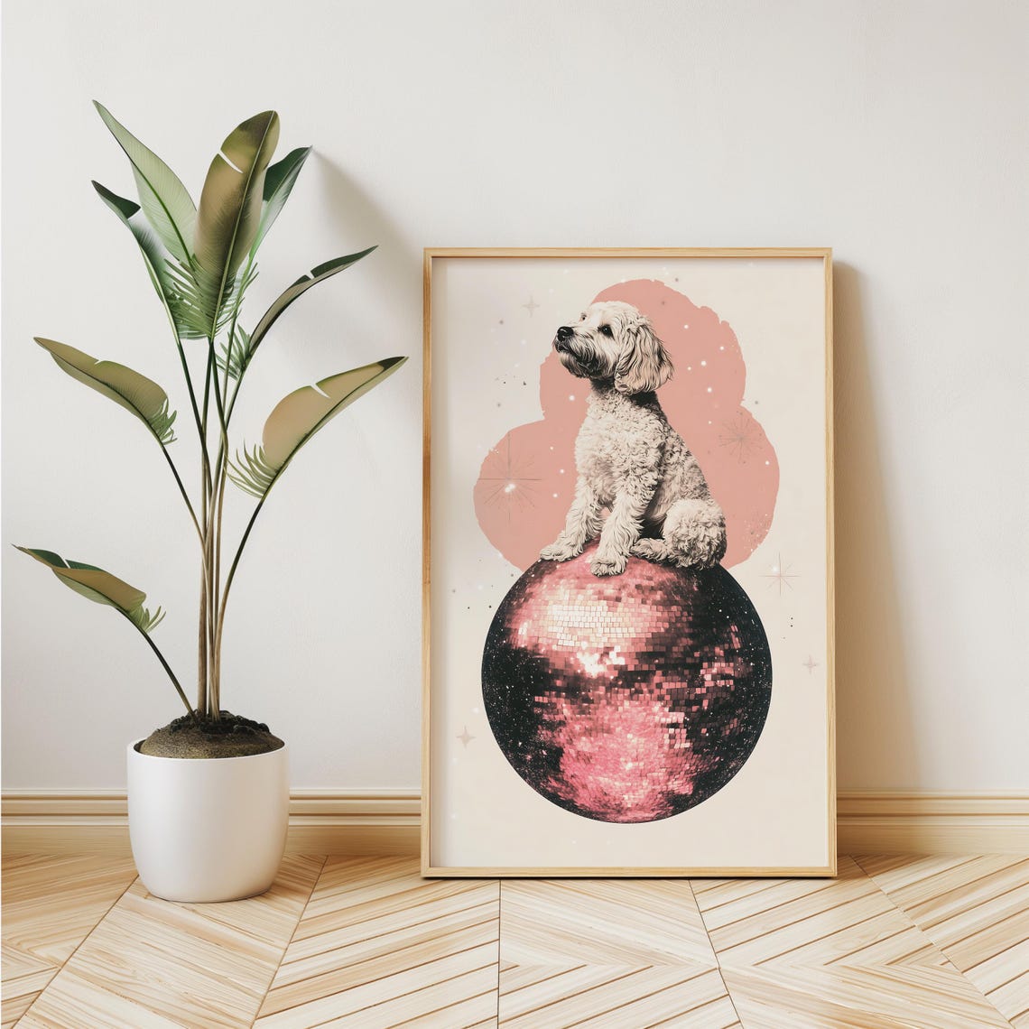 Goldendoodle Puppy Sitting on a Disco Ball Retro 70s Style Poster - Image 3