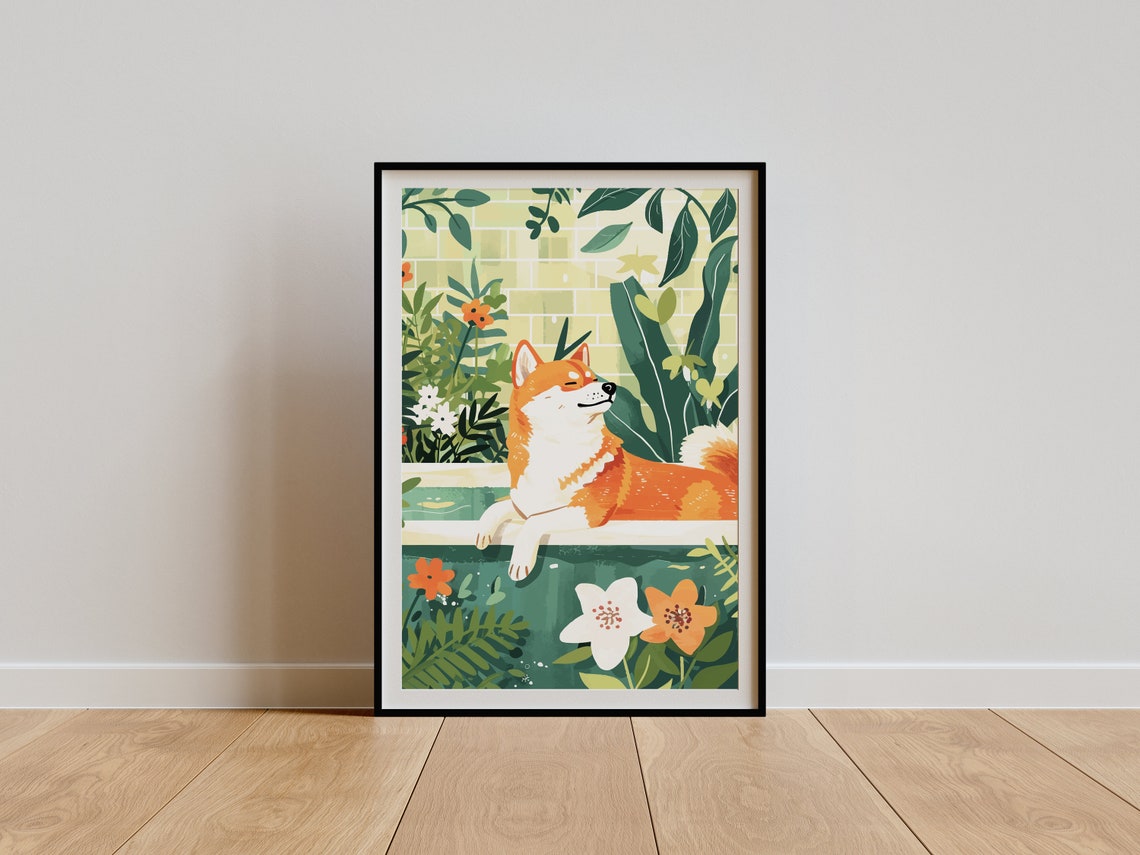 Shiba Inu Bathtub Botanical Brick Tile Japanese Style Dog Poster
