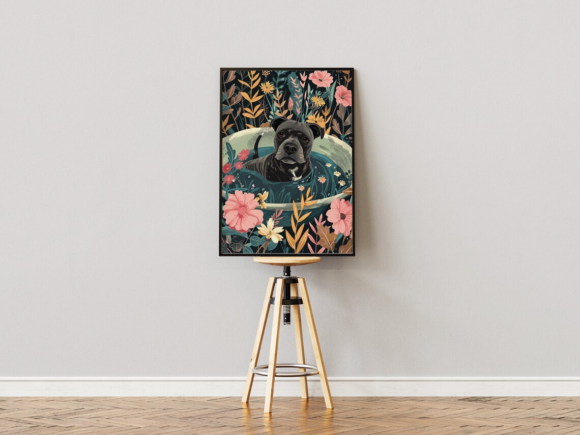 Black Staffy Jungle Bathtub Tropical Art Print - Image 3