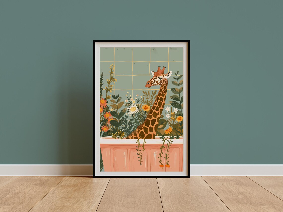 Giraffe in Pink Bathtub Sage Tiled Tropical Floral Wall Poster