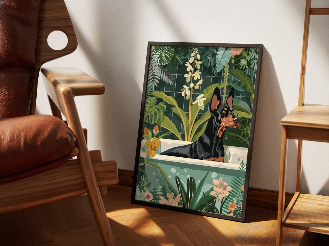 Doberman in Bathtub Tropical Botanical Maximalist Bathroom Dog Poster - Image 2