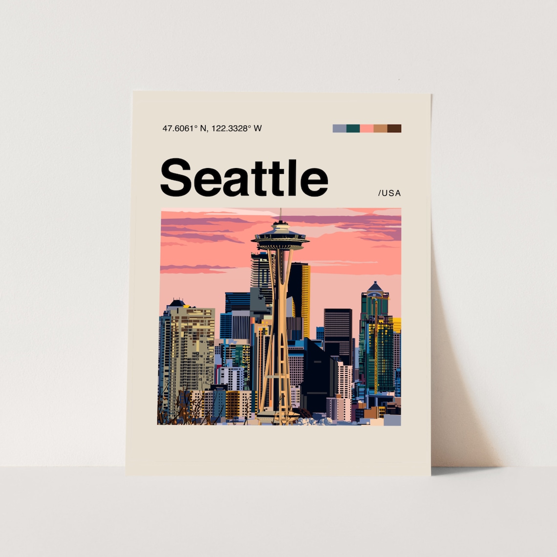 Seattle Space Needle Sunset Illustrated Minimalist Travel Art Poster