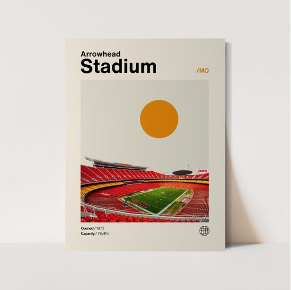 Arrowhead Stadium Poster, Minimalist Mid-Century Art Print