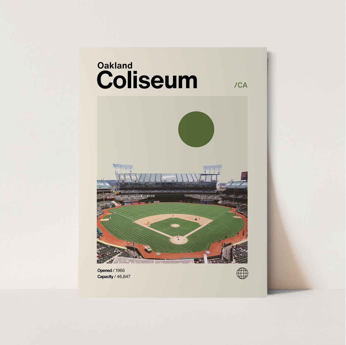 Oakland Coliseum Minimalist Baseball Poster, Mid-Century Modern