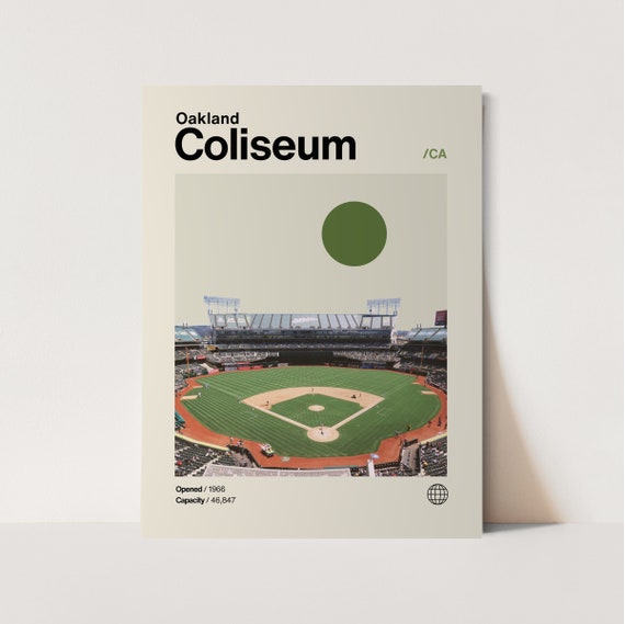 Oakland Coliseum Minimalist Baseball Poster, Mid-Century Modern