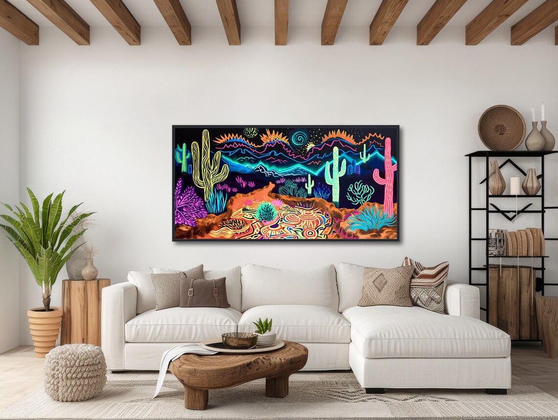 Neon Night Desert Landscape Painting Glowing Cactus Moon Wall Poster - Image 3