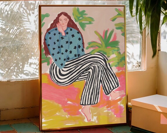 Trendy Woman Illustration Red Hair Striped Pants Palm Leaves Art Poster