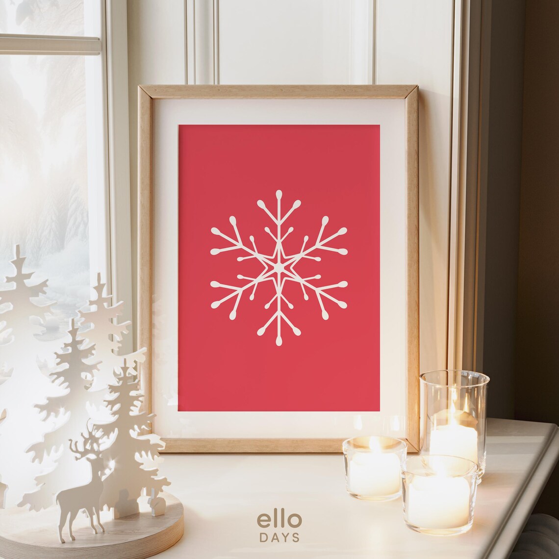 Minimalist Red Snowflake Modern Holiday Christmas Art Poster