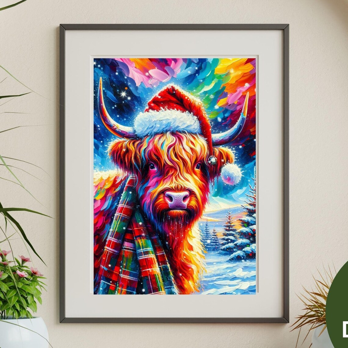Highland Cow In Santa Hat Colorful Impasto Christmas Farm Poster
