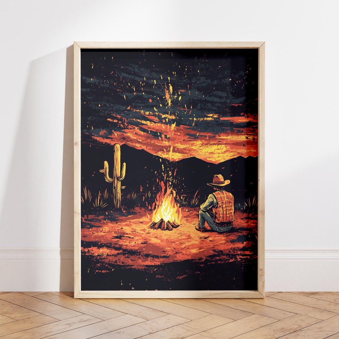 Vintage Cowboy Campfire Print, Retro Western Art