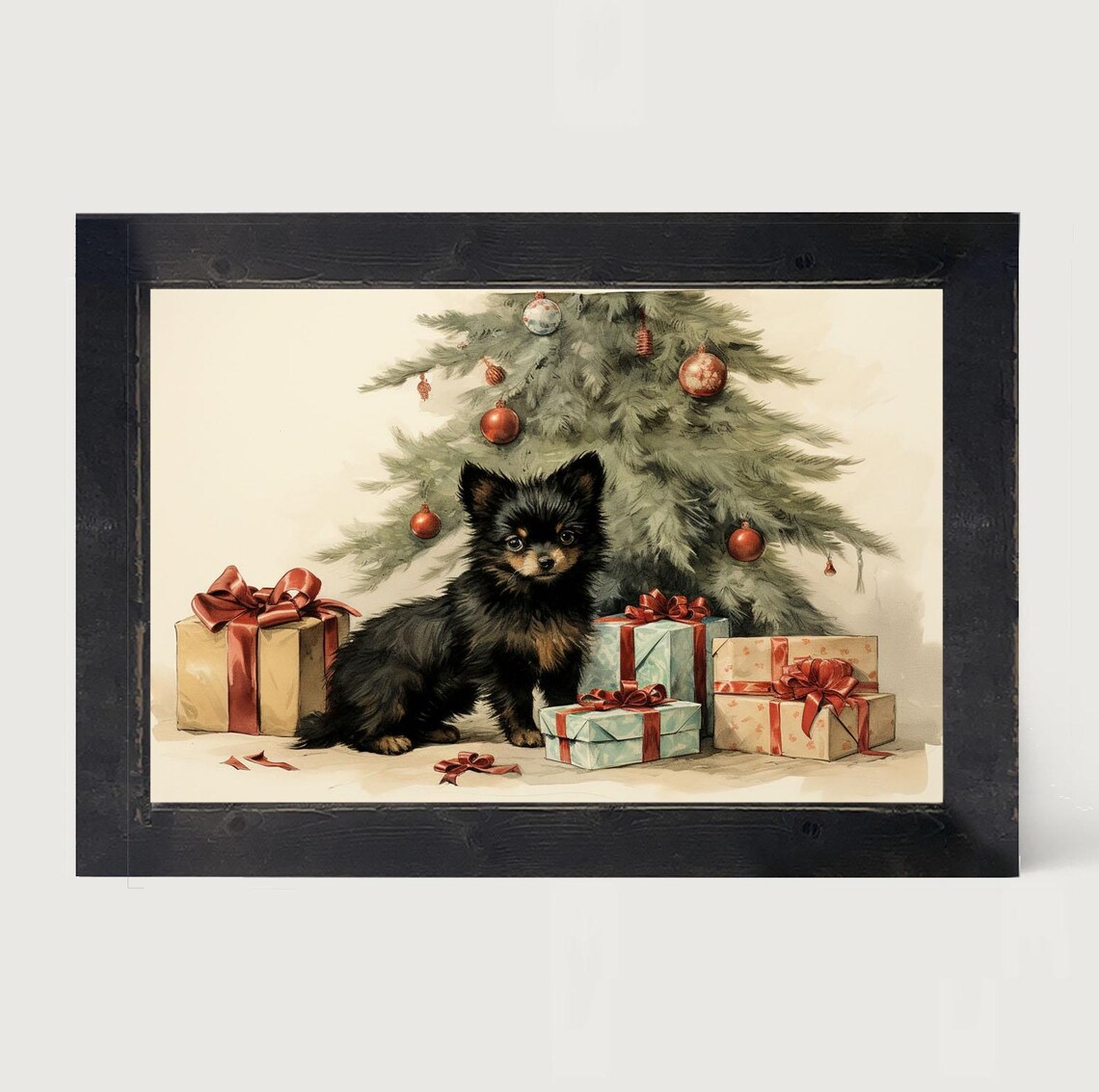 Little Dog With Presents, Chihuahua Christmas Art Print