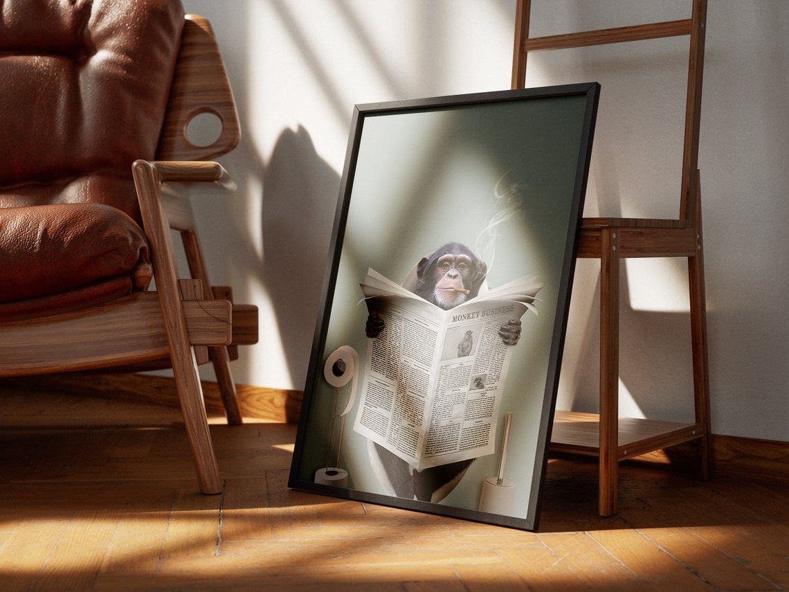 Monkey Reading Newspaper on Toilet Funny Bathroom Animal Poster - Image 3