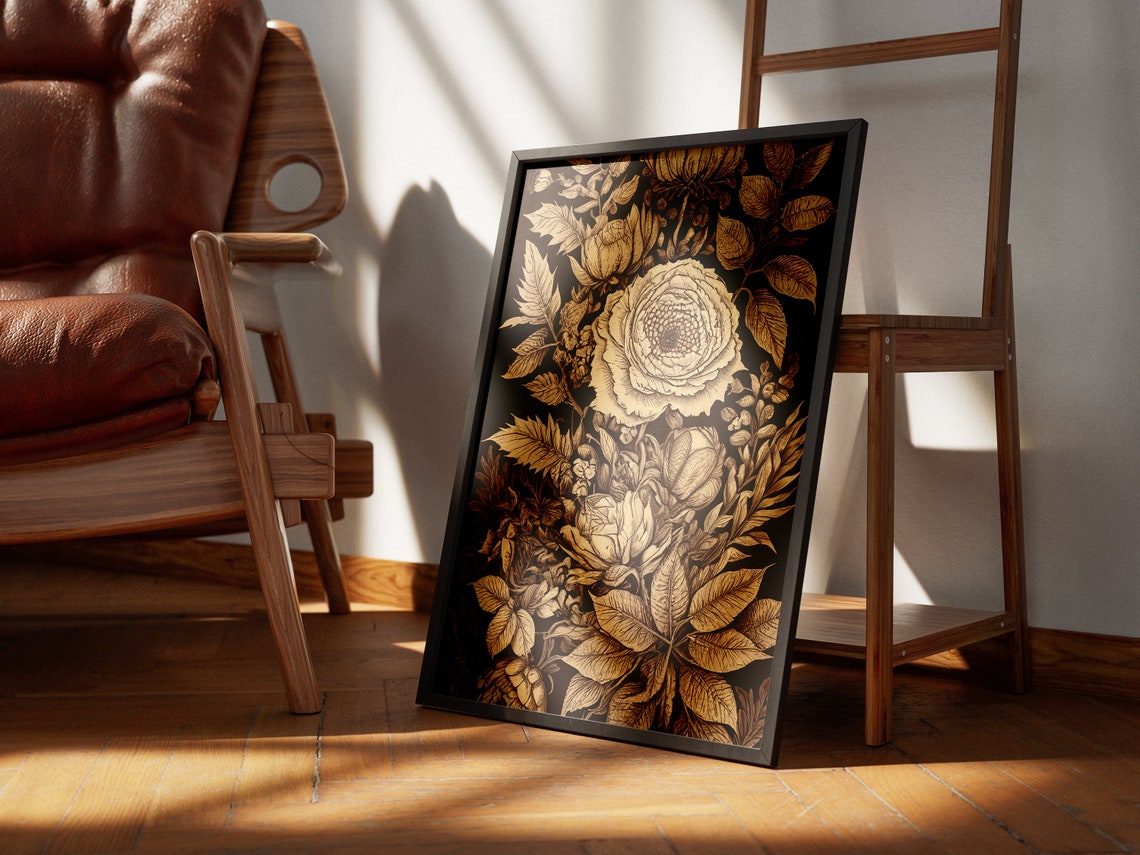 Luxurious Golden Floral Illustration on Dark Background Poster - Image 2