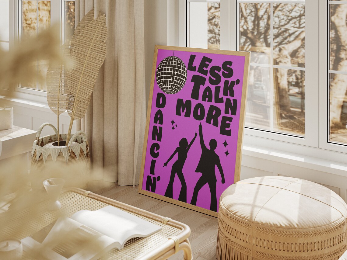 Retro Less Talk More Dancin Purple Disco Dancers Quote Poster - Image 2