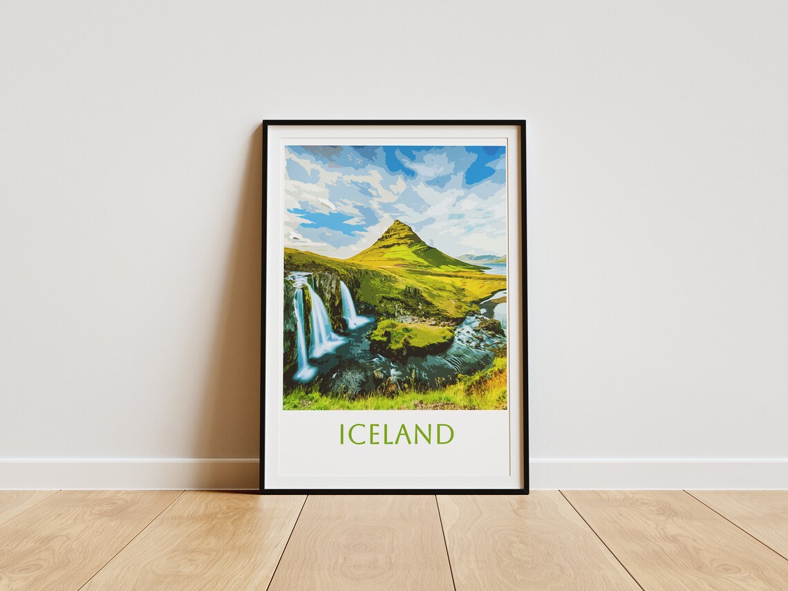 Iceland Kirkjufell Falls Vintage Style Travel Landscape Poster