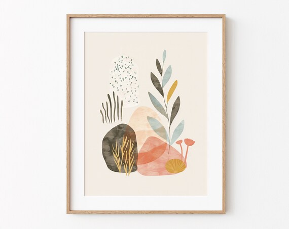 Abstract Boho Seaweed And Stones Coastal Botanical Illustration Poster