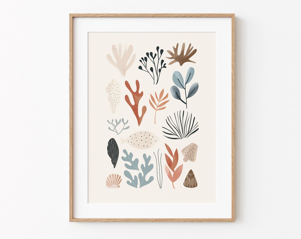 Print Seaweed And Stones Abstract Drawing Boho Style Poster Wall Art Nursery Decor