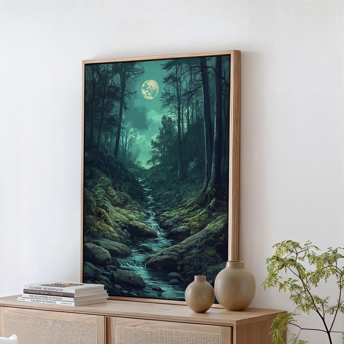 Mystical Moonlit Forest Stream, Tranquil Nature Art