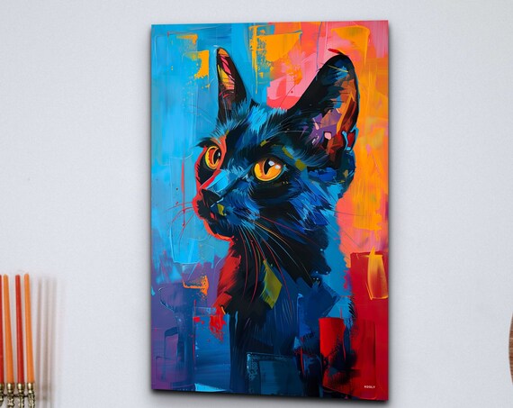 Black Cat Portrait Neon Pop Art Pink Blue Background Wall Art